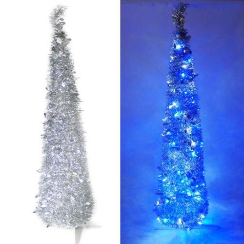 摩達客 6尺/6呎(180cm) 彈簧摺疊銀色哈利葉瘦型鉛筆樹聖誕樹 (+LED100燈藍白光一串)