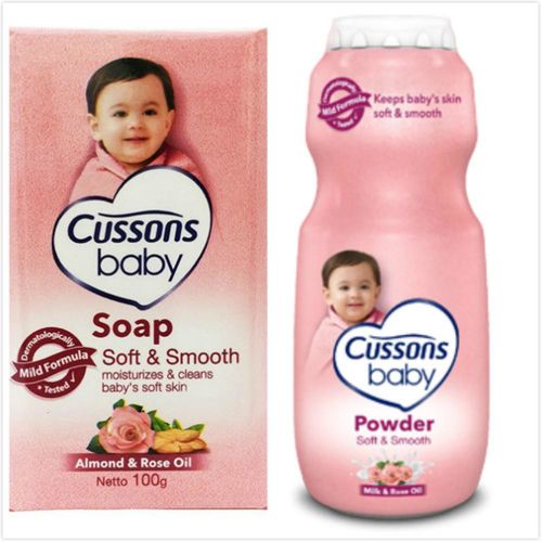 進口CUSSONS佳霜嬰兒香皂-杏仁及玫瑰油(100g)*12塊+嬰兒爽身粉(100g)*3