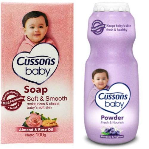 進口CUSSONS佳霜嬰兒香皂-杏仁及玫瑰油(100g)*12塊+嬰兒爽身粉(藍莓+優格)(100g)*3