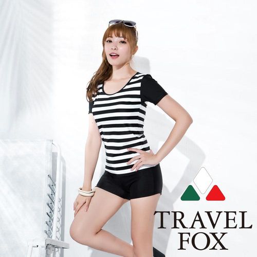 【夏之戀TRAVEL FOX】大女黑白條長版二件式泳衣-加大碼C16716
