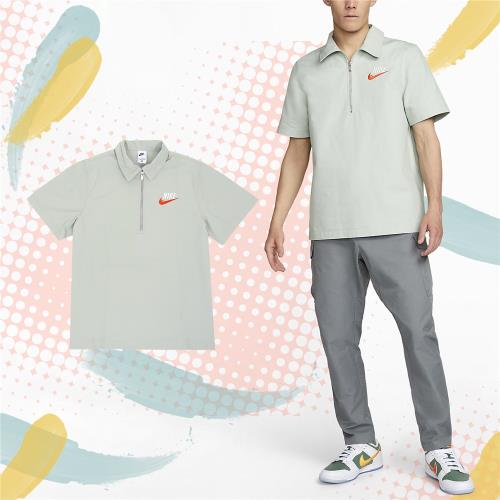 Nike 短袖 NSW 男款 薄荷綠 重磅 刺繡 半拉鍊 半開 寬鬆 襯衫 上衣 DM5284-017