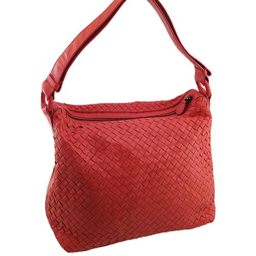 八八成新展示品-BOTTEGA VENETA 橘紅色編織皮革肩背斜背兩用包