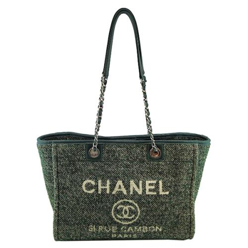 九五成新展示品-CHANEL 綠色雙C LOGO毛呢帆布銀鍊肩背沙灘托特包|經典