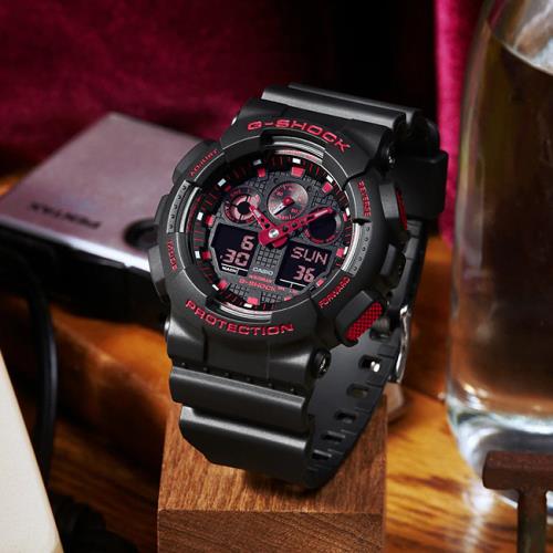 【CASIO】卡西歐 G-SHOCK  Ignite Red系列 GA-100BNR-1A 兩百米防水 雙顯運動電子錶 黑/紅