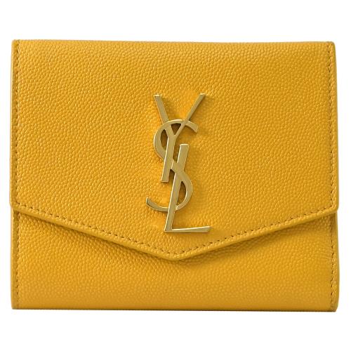 YSL 582296 經典金屬LOGO 粒紋牛皮零錢短夾.黃