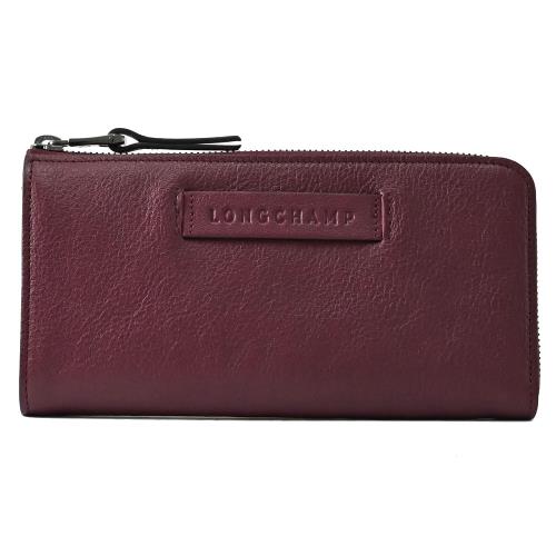 Longchamp Le Pliage Cuir 烙印LOGO羊皮拉鍊長夾.深紅