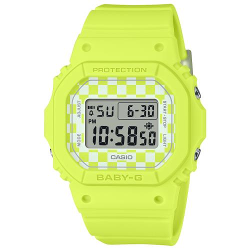 CASIO BABY-G 格子旗圖案 街頭時尚電子腕錶-黃色 BGD-565GS-9