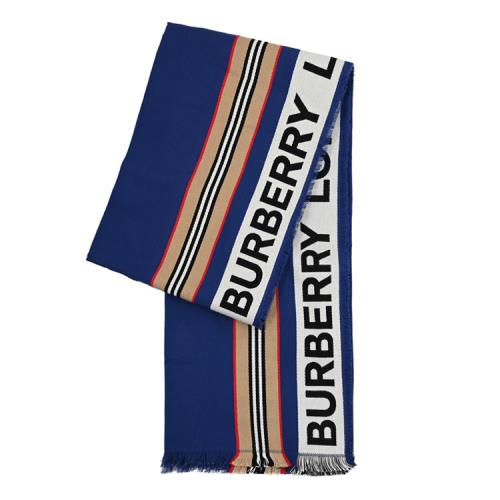 BURBERRY 8067360 撞色條紋字樣印花保暖長圍巾/披肩.藍