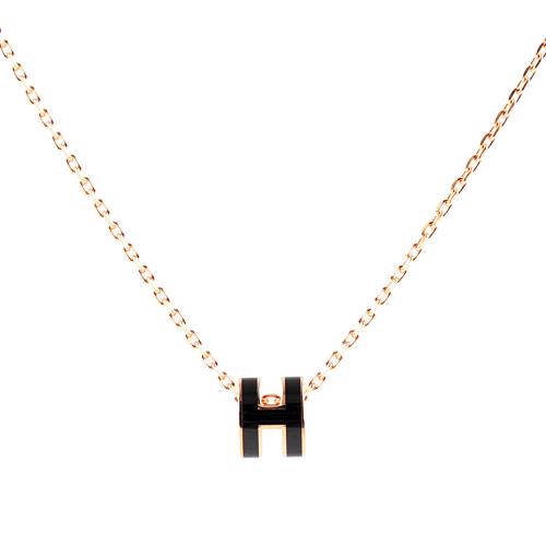 HERMES Mini Pop H pendant 立體橢圓簍空項鍊(黑/玫瑰金)