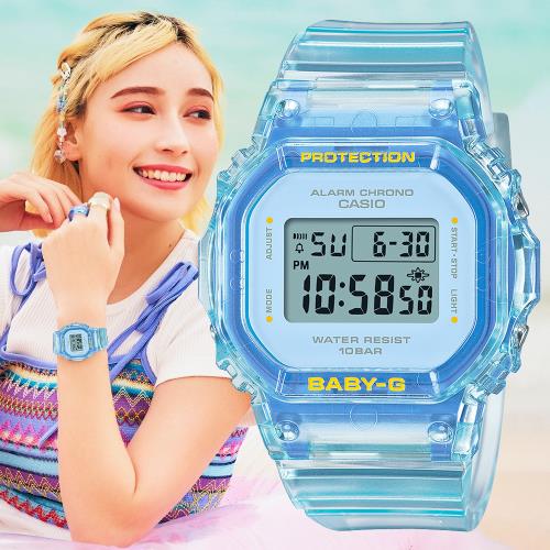 CASIO BABY-G 活力夏季透明方形計時錶/水藍/BGD-565SJ-2