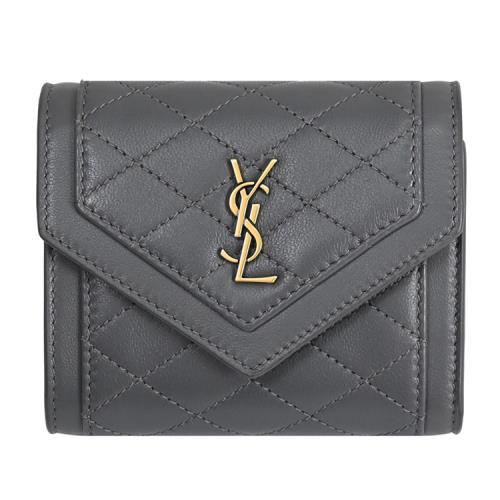 YSL 712688 品牌LOGO菱格羊皮三折扣式零錢短夾.深灰