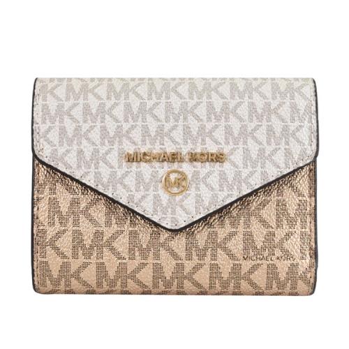 MICHAEL KORS Jet Set Charm 珠光印花三折零錢短夾.淺褐/白